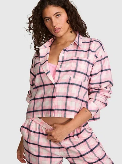 Pink 100% Cotton Favorite Flannel Cropped Button-down Sleepshirt In