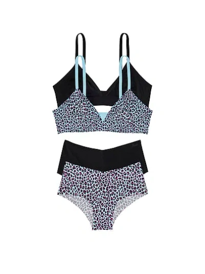 Pink 4-piece Marshmallow Unlined Bralette And No-show Cheeky Set In Print