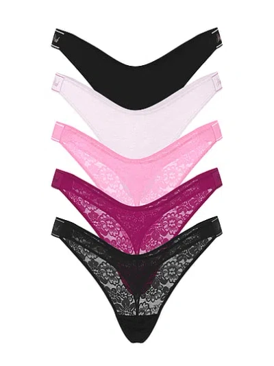 Pink 5-pack Lace Logo High-leg Thong Panties In Multi