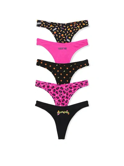 Pink 5-pack Cotton Thong Panties In Animal Print
