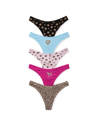 Pink 5-pack Cotton Thong Panties In Print