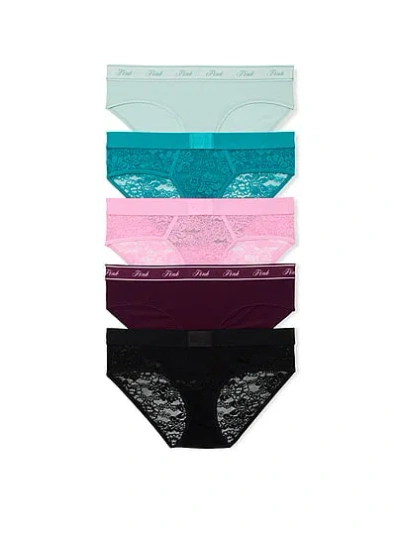 Pink 5-pack Lace Logo Cotton Hiphugger Panties In Animal Print