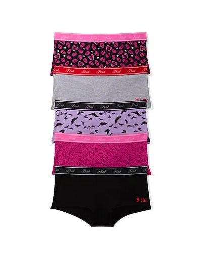 Pink 5-pack Logo Cotton Boyshort Panties In Animal Print