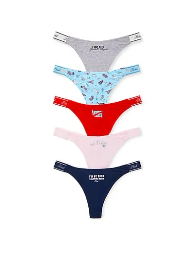 Pink 5-pack Logo Cotton High-leg Thong Panties In Print