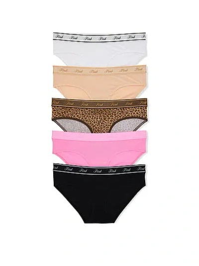 Pink 5-pack Logo Cotton Hiphugger Panties In Animal Print