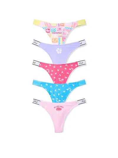 Pink 5-pack Logo Cotton Thong Panties In Multi