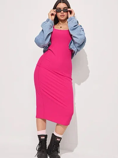 Pink All-day Soft Rib High-neck Midi Dress In