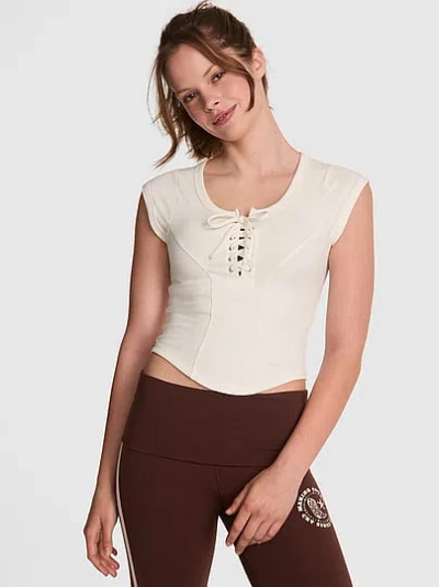 Pink All-day Soft Rib Lace-up Top In White
