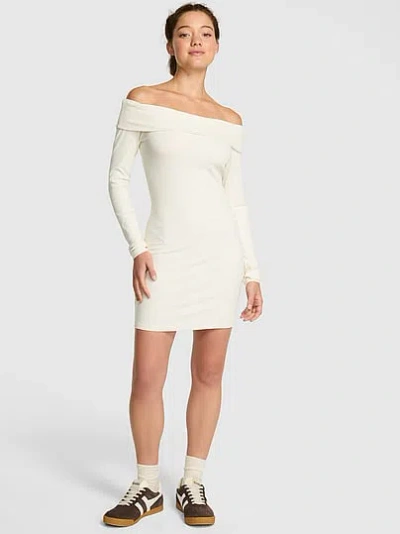 Pink All-day Soft Rib Off-the-shoulder Mini Dress In Sand