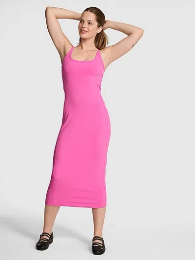 Pink All-day Soft Rib High-neck Midi Dress In