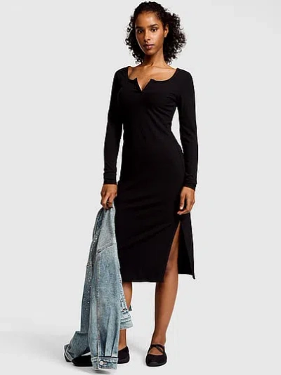 Pink All-day Soft Rib Long-sleeve Midi Dress In Black