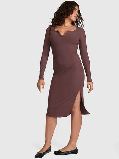 Pink All-day Soft Rib Long-sleeve Midi Dress In Brown