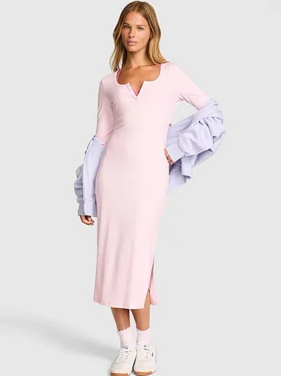 Pink All-day Soft Rib Long-sleeve Midi Dress In