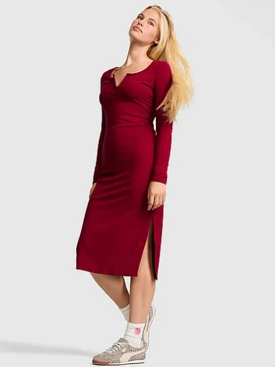 Pink All-day Soft Rib Long-sleeve Midi Dress In Red