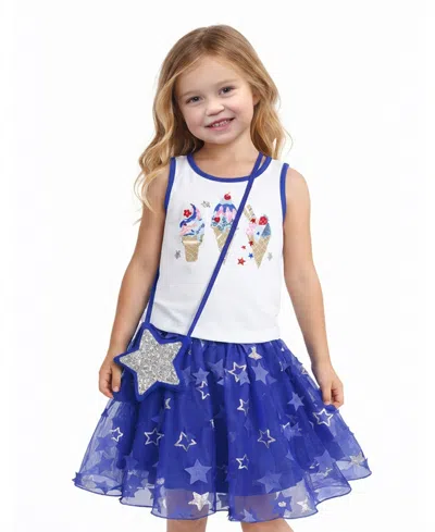 Pink & Violet Kids' Girls' 2t-6x Glitter Ice Cream Graphic Tank Top, Star Tulle Skirt And Purse, 3-piece Set In White