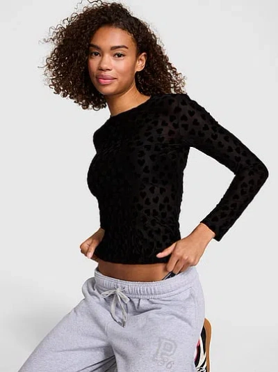Pink Base Heart Mesh Long-sleeve Tee In Black