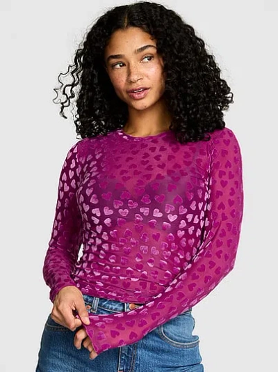 Pink Base Heart Mesh Long-sleeve Tee In Purple
