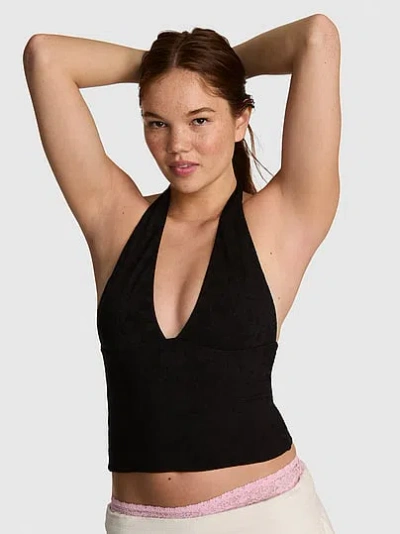 Pink Base Lace Halter Top In Black