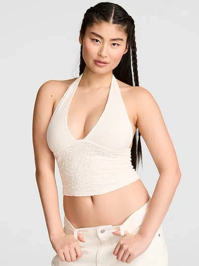Pink Base Lace Plunge Halter Top In White