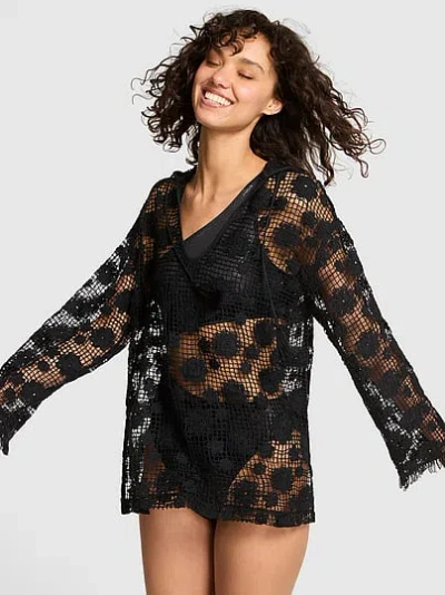 Pink Beach Blooms Crochet Tunic Hoodie In Black
