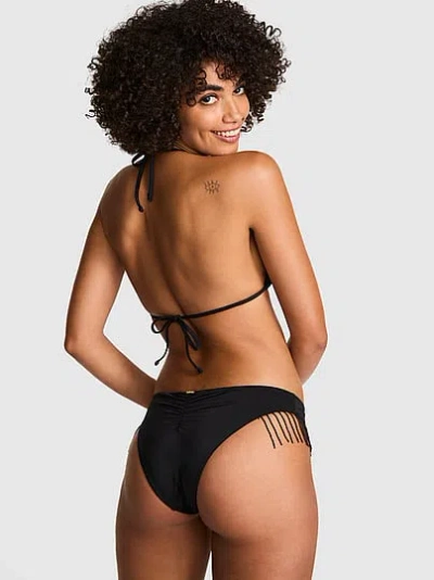 Pink Beaded Fringe Brazilian Bikini Bottom In Black