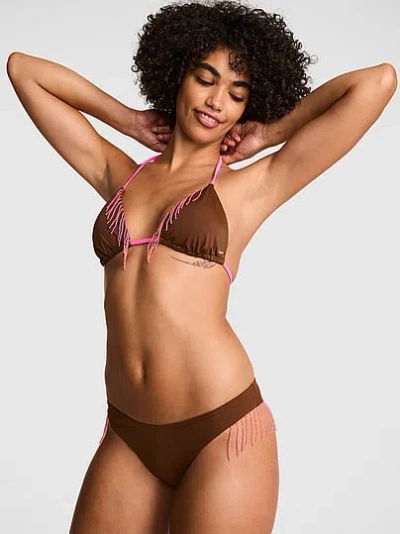 Pink Beaded Fringe Triangle String Bikini Top In Brown