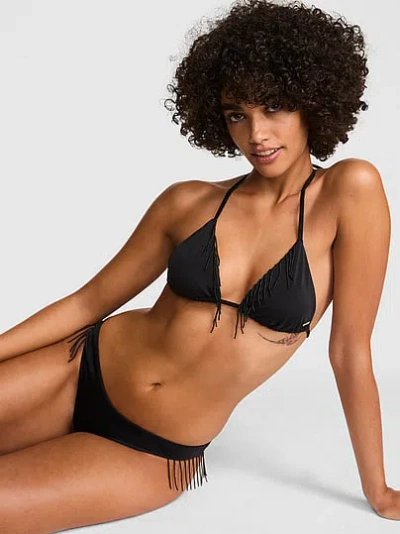 Pink Beaded Fringe Triangle String Bikini Top In Black