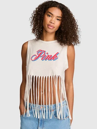 Pink Campus Cotton™ Retro Fringe Tank Top In White