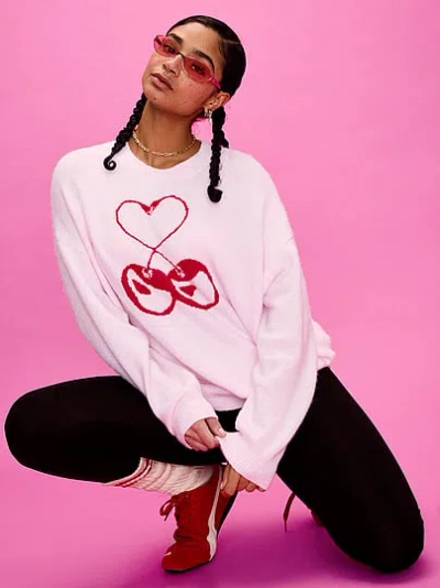 Pink Campus Knit Sweater In White
