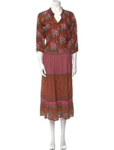 Pre-owned Pink Chicken Floral Print Long Dress In Brown