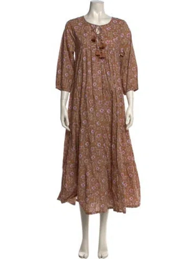 Pre-owned Pink Chicken Floral Print Long Dress W/ Tags In Brown