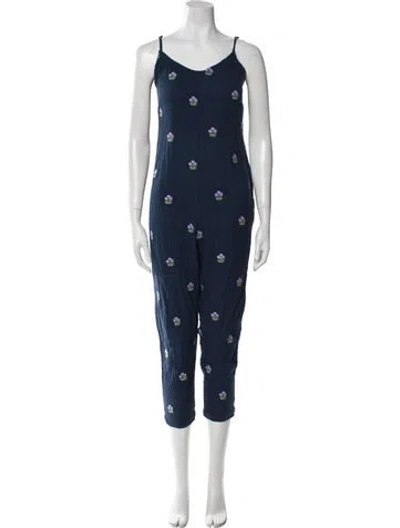 Pre-owned Pink Chicken Floral Print Scoop Neck Jumpsuit In Blue