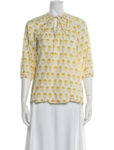 Pre-owned Pink Chicken Floral Print Tie Neck Top In Yellow