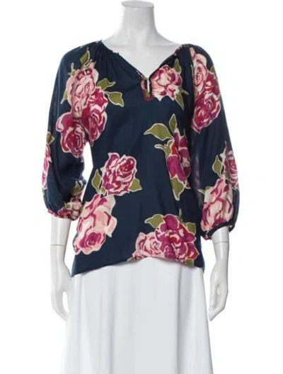 Pre-owned Pink Chicken Floral Print V-neck Blouse In Blue
