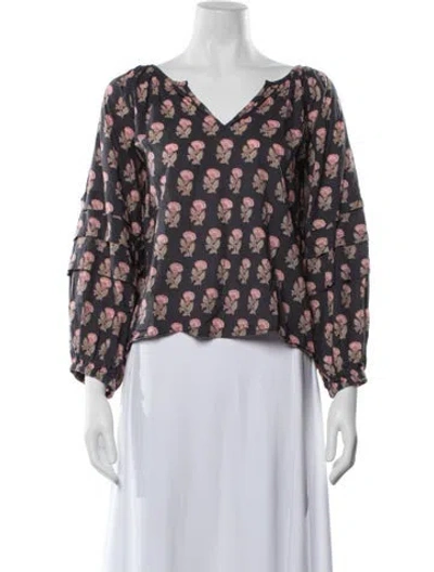Pre-owned Pink Chicken Floral Print V-neck Top In Blue/pink