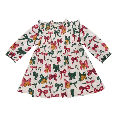 Pink Chicken Kids' Girl's Jaipur Dress In Christmas Bows And Bells In Burgundy