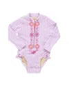 Pink Chicken Girls' Arden Zip Front One Piece Swimsuit - Baby In Pink Faux Embroidery Stripe
