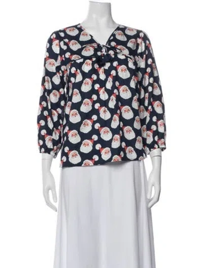Pre-owned Pink Chicken Graphic Print V-neck Top W/ Tags In Blue