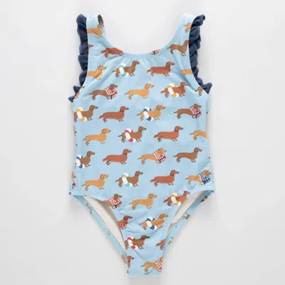 Pink Chicken Kids' Sylvie Swimsuit In Dachshunds In Blue