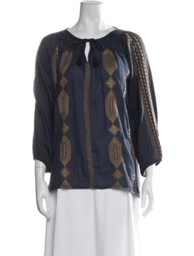 Pre-owned Pink Chicken Printed Tie Neck Top In Blue