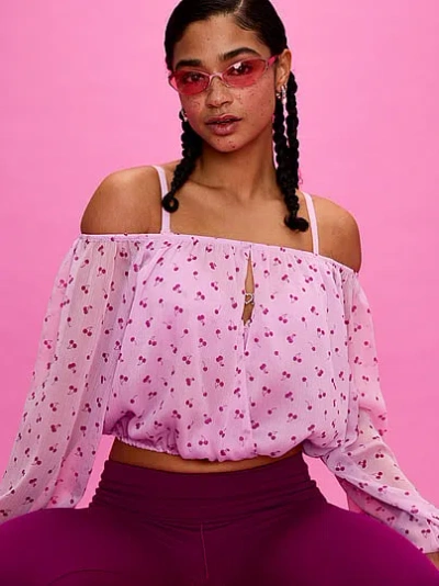 Pink Chiffon Long-sleeve Off-the-shoulder Top In Animal Print