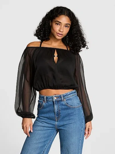 Pink Chiffon Long-sleeve Off-the-shoulder Top In Black