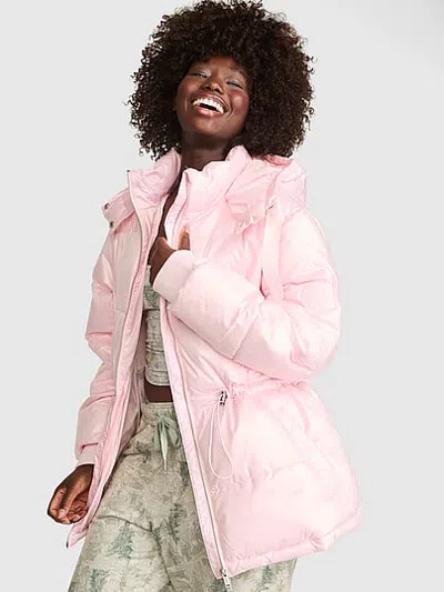 Pink Cinched Hooded Puffer Jacket In Multicolored