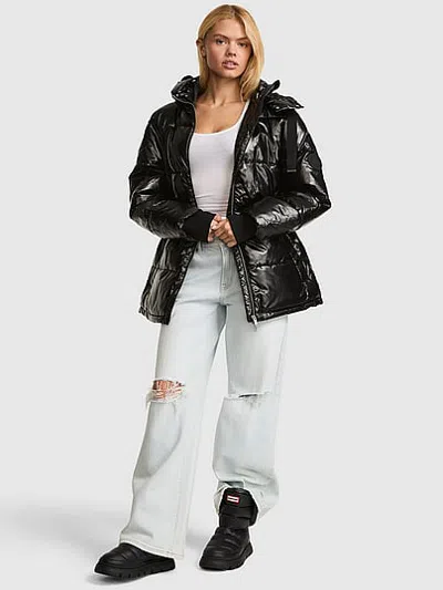 Pink Cinched Hooded Puffer Jacket In Multicolored