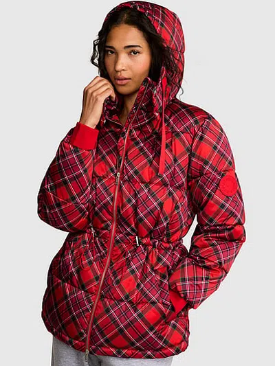 Pink Cinched Hooded Puffer Jacket In Print