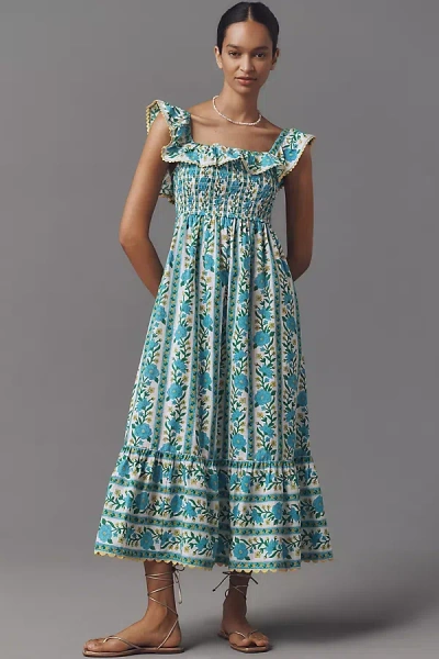 Pink City Prints Carrie Sleeveless Ruffled Midi Dress In Blue