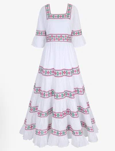 Pink City Prints Celine Dress In Rose Cross Stitch In Multi
