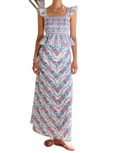 Pink City Prints Kezia Maxi Skirt In White/ Pink/lilac/ Teal/ Light Blue Block Print In Multi