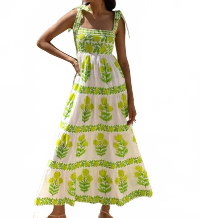Pink City Prints Lara Sleeveless Midi Dress In Lime Botanics In Gold
