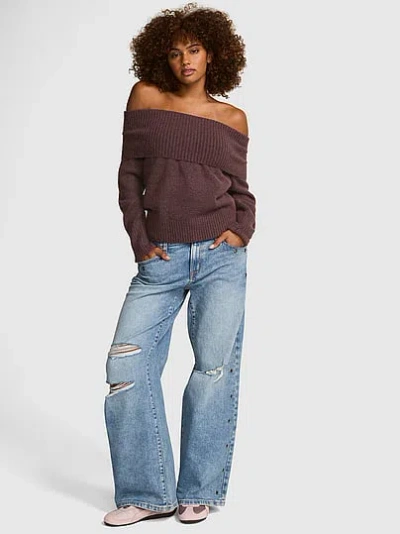 Pink Comfy Girl Off-the-shoulder Foldover Sweater In Brown